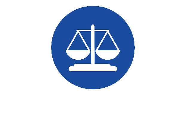 White scales of justice icon in blue circle
